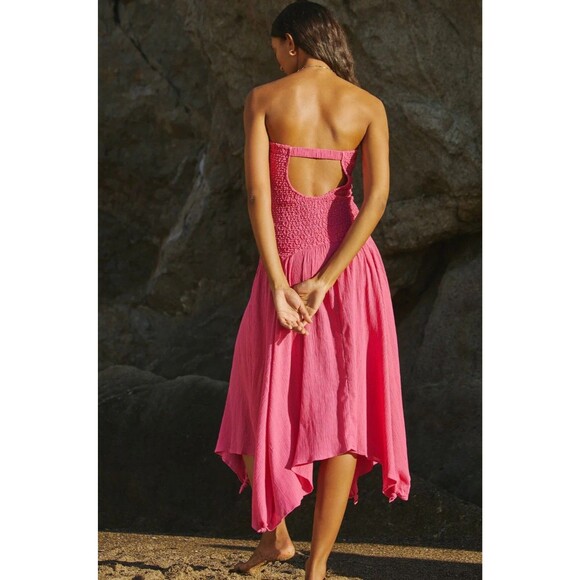 By Anthropologie Strapless Smocked Cover-Up Dress Pink Rose Large Fairy Hem - Picture 3 of 13